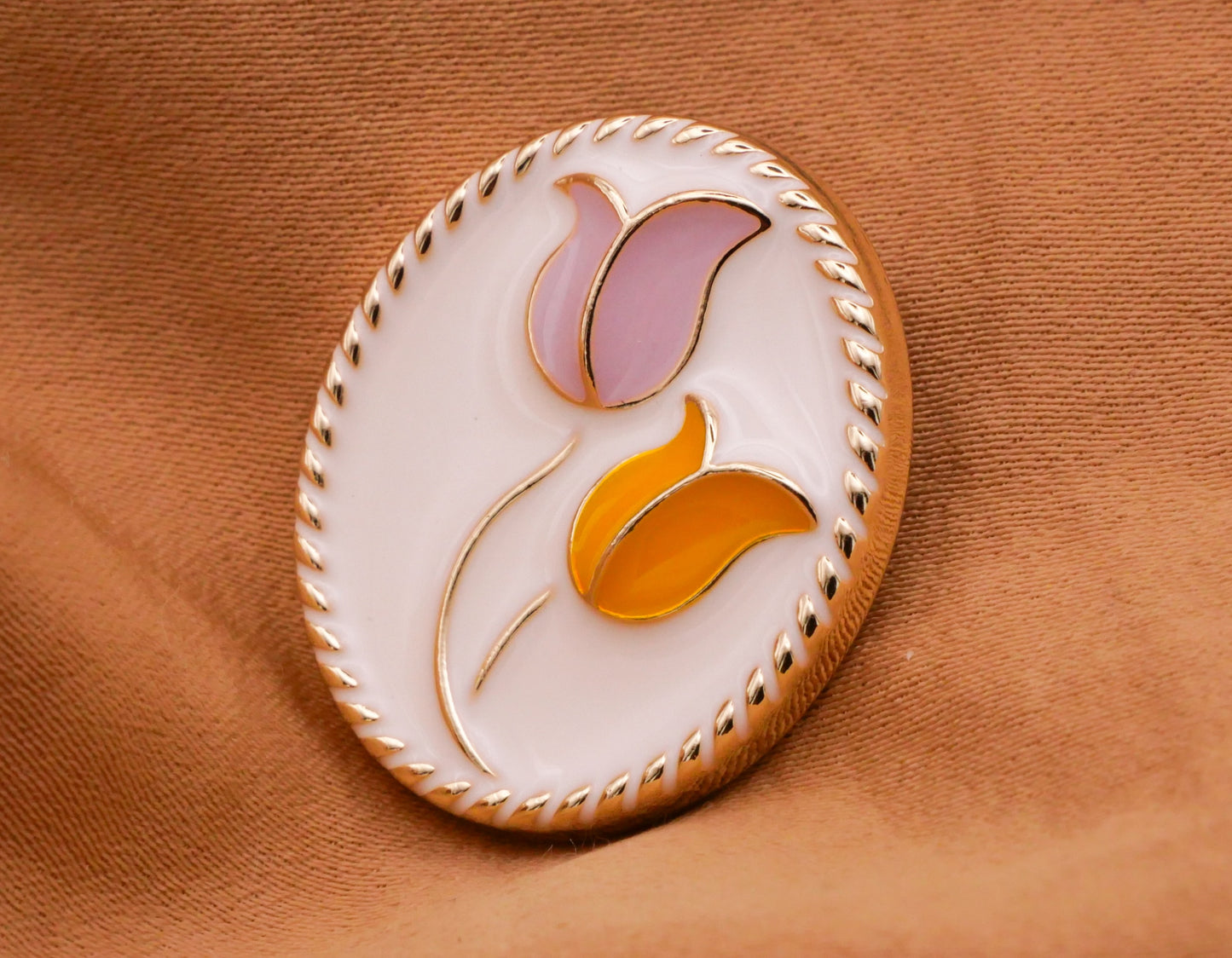 Tulip Pink Orange White Enamel Gold Metal Button 21x25mm