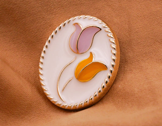 Tulip Pink Orange White Enamel Gold Metal Button 21x25mm