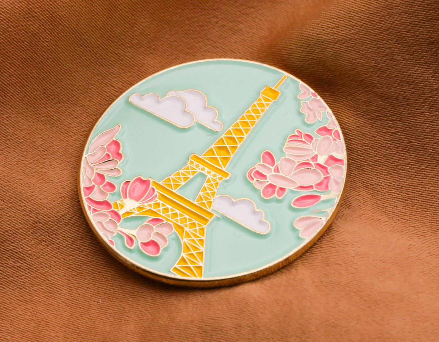 Paris France Eiffel Tower Blossoms Aqua Pink Gold Enamel Button 31mm