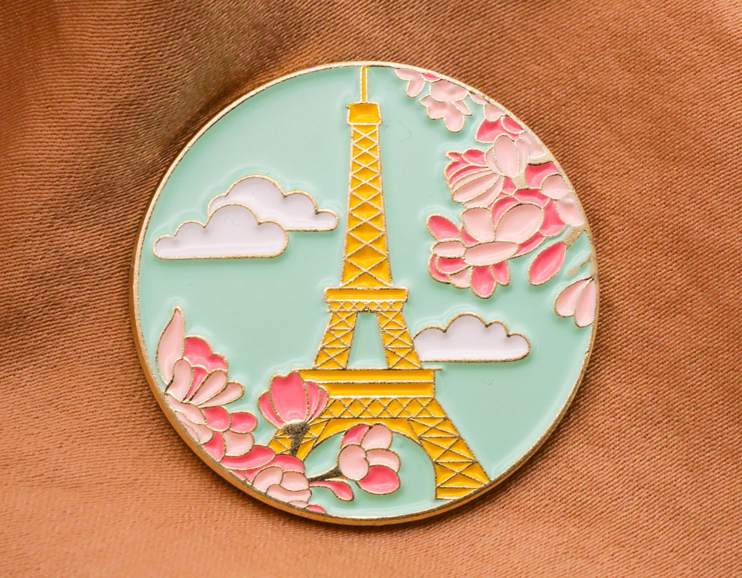 Paris France Eiffel Tower Blossoms Aqua Pink Gold Enamel Button 31mm