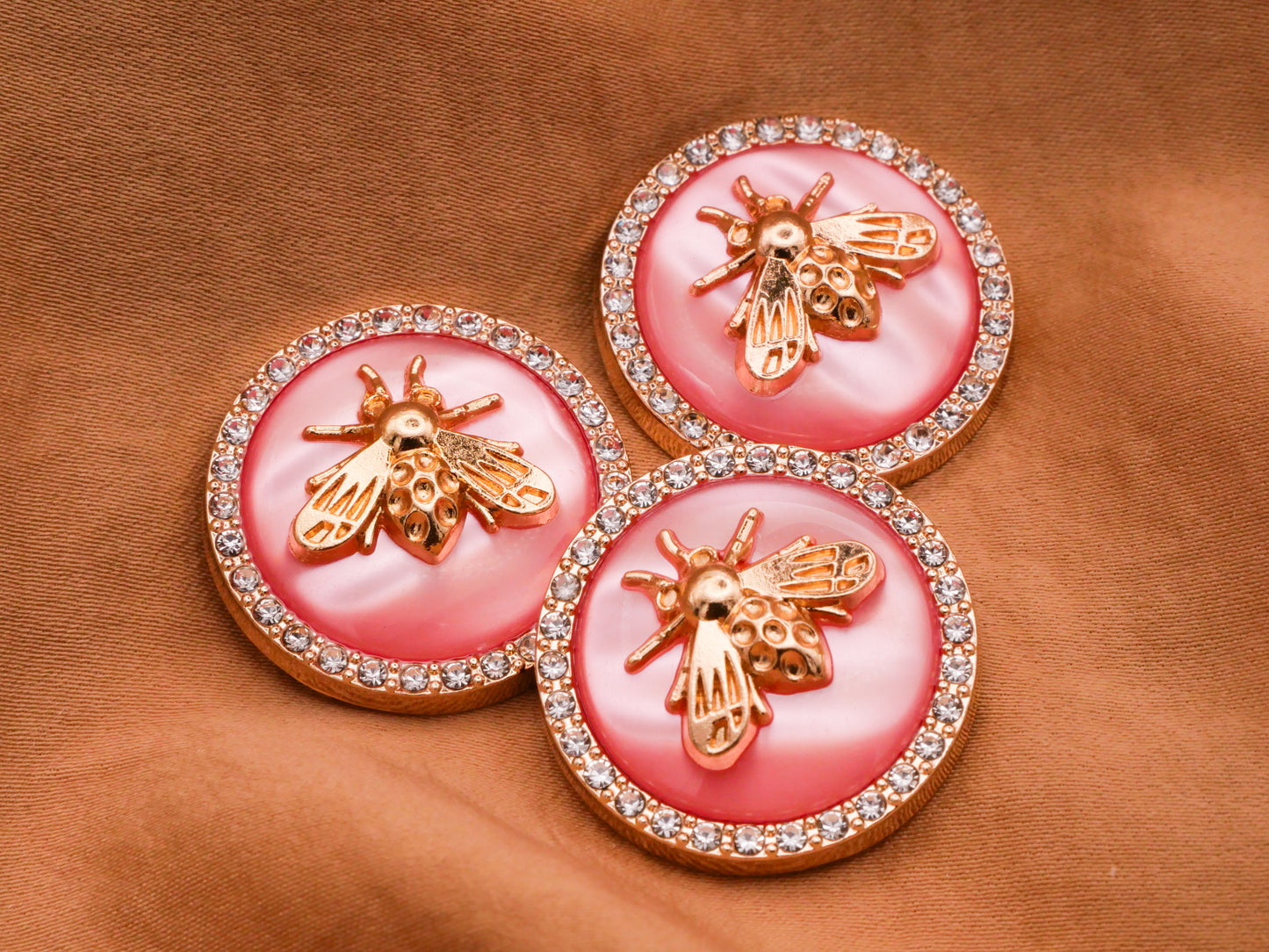 Bee Rhinestone Pink White Pearlized Plastic Metal Button 25mm