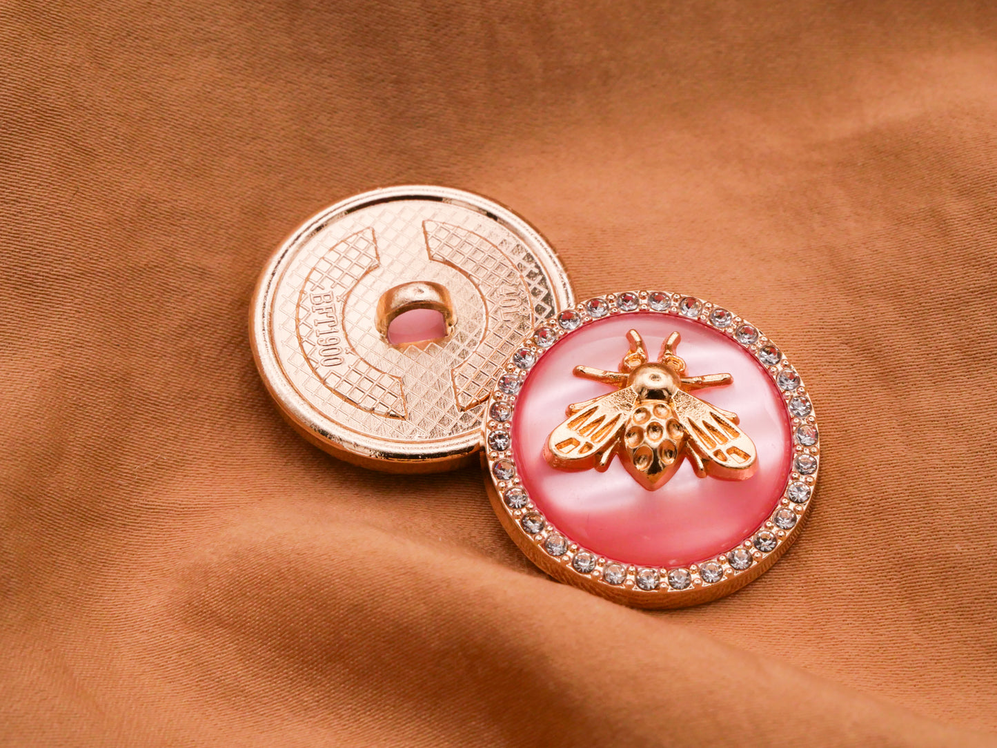 Bee Rhinestone Pink White Pearlized Plastic Metal Button 25mm