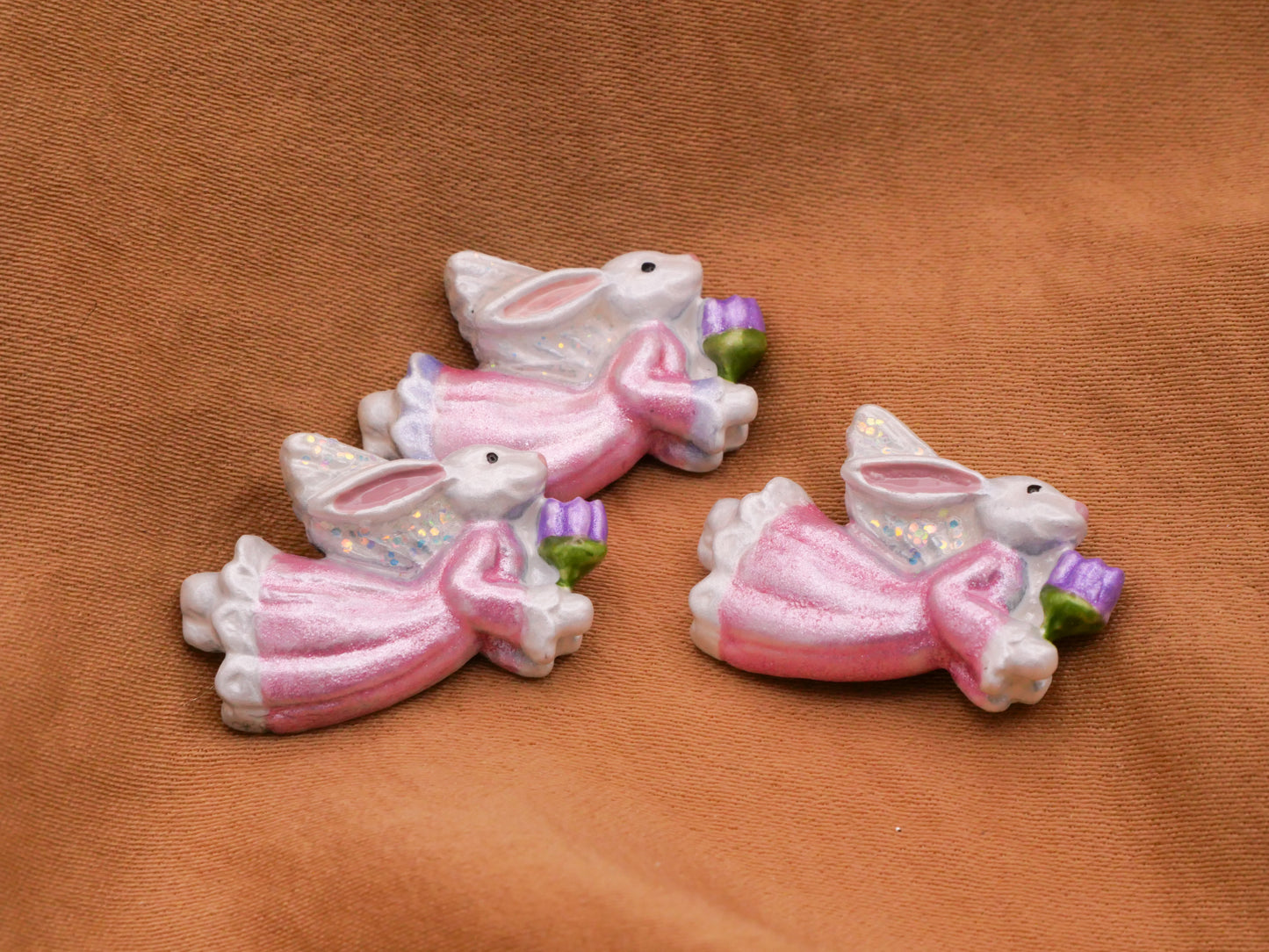 Bunny Rabbit Angel Hand-Painted Metal Pink Purple Button 15x22mm