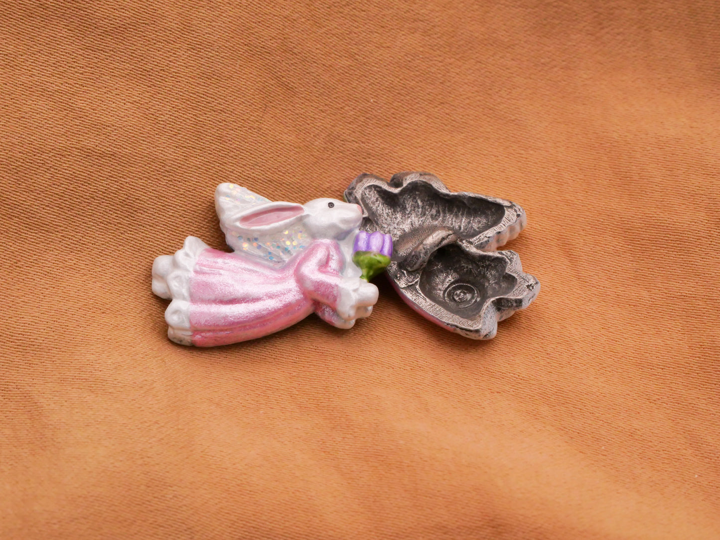 Bunny Rabbit Angel Hand-Painted Metal Pink Purple Button 15x22mm