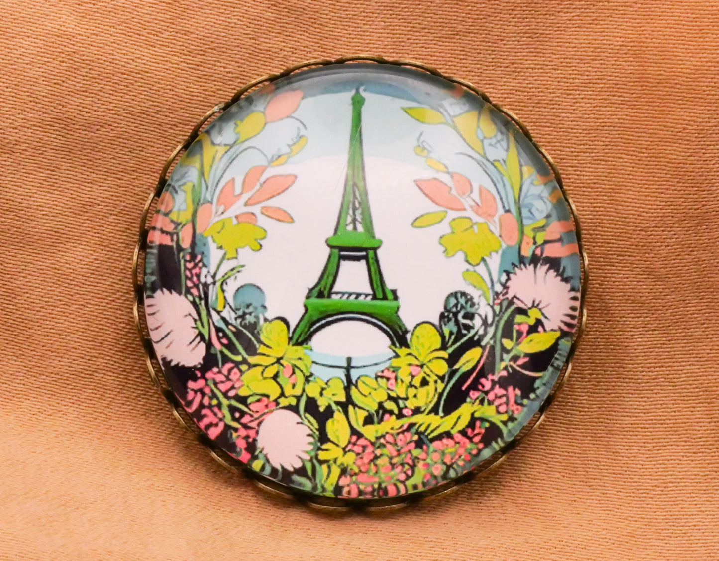 Paris France Eiffel Tower Spring Scene Glass Metal Button 31mm