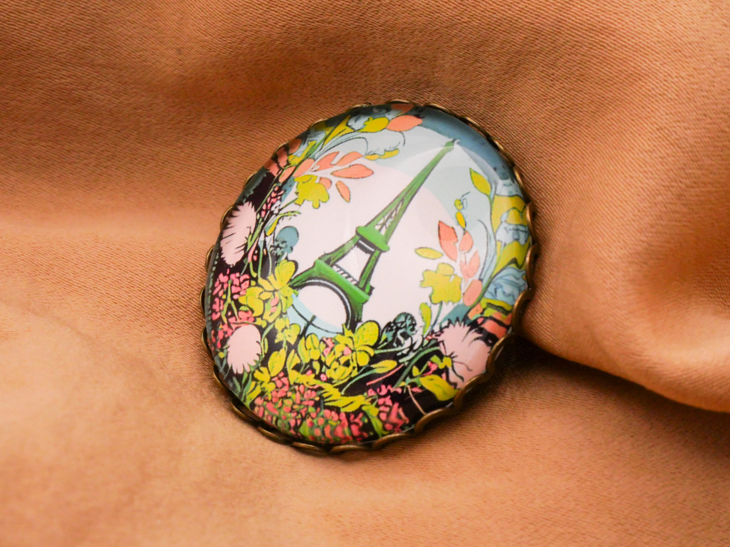 Paris France Eiffel Tower Spring Scene Glass Metal Button 31mm