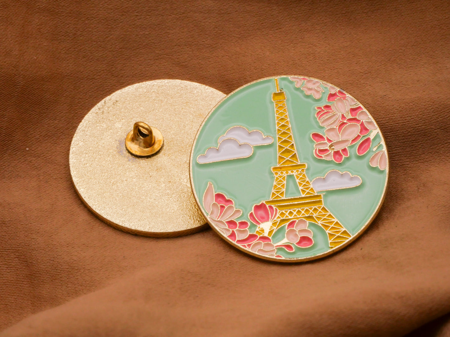 Paris France Eiffel Tower Blossoms Aqua Pink Gold Enamel Button 31mm