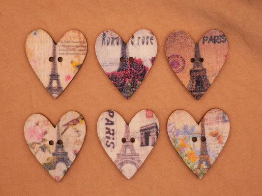 Paris France Eiffel Tower Heart Wood Sew-Thru Button Various 25x28mm