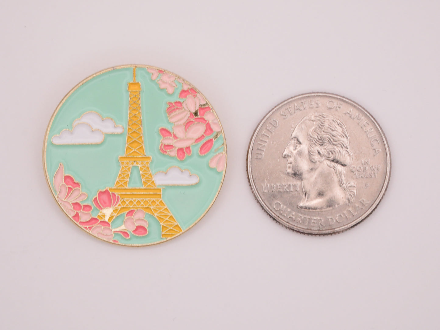 Paris France Eiffel Tower Blossoms Aqua Pink Gold Enamel Button 31mm