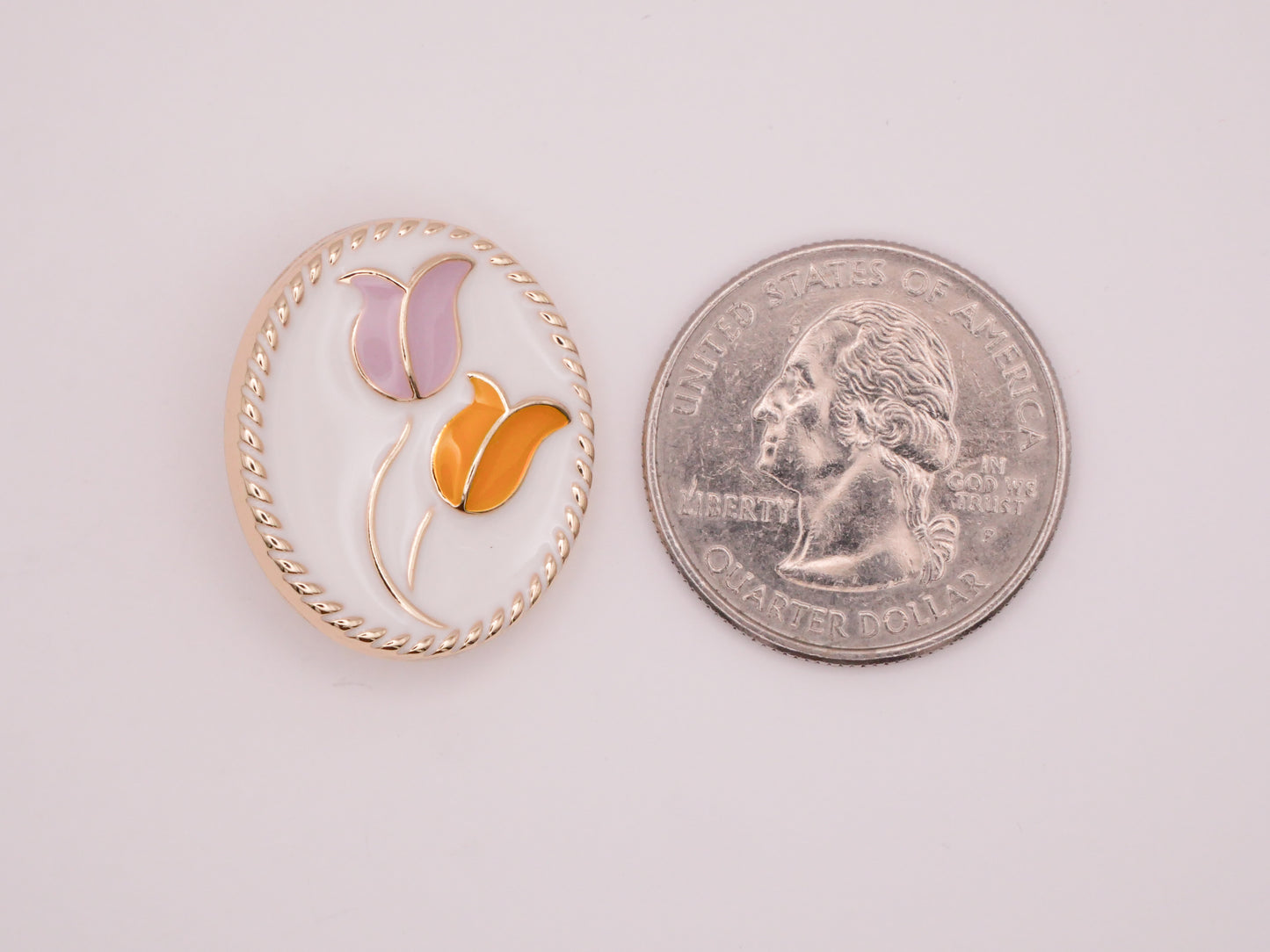 Tulip Pink Orange White Enamel Gold Metal Button 21x25mm