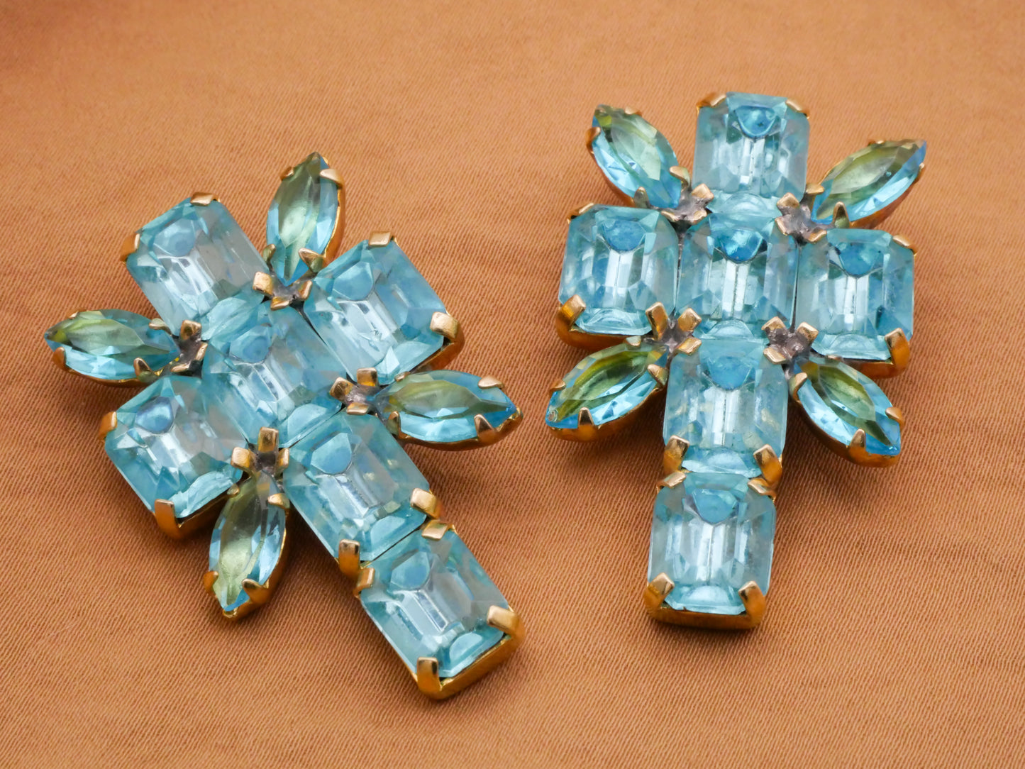 Cross Czech Rhinestone Aquamarine Glass Metal Button 25x41mm