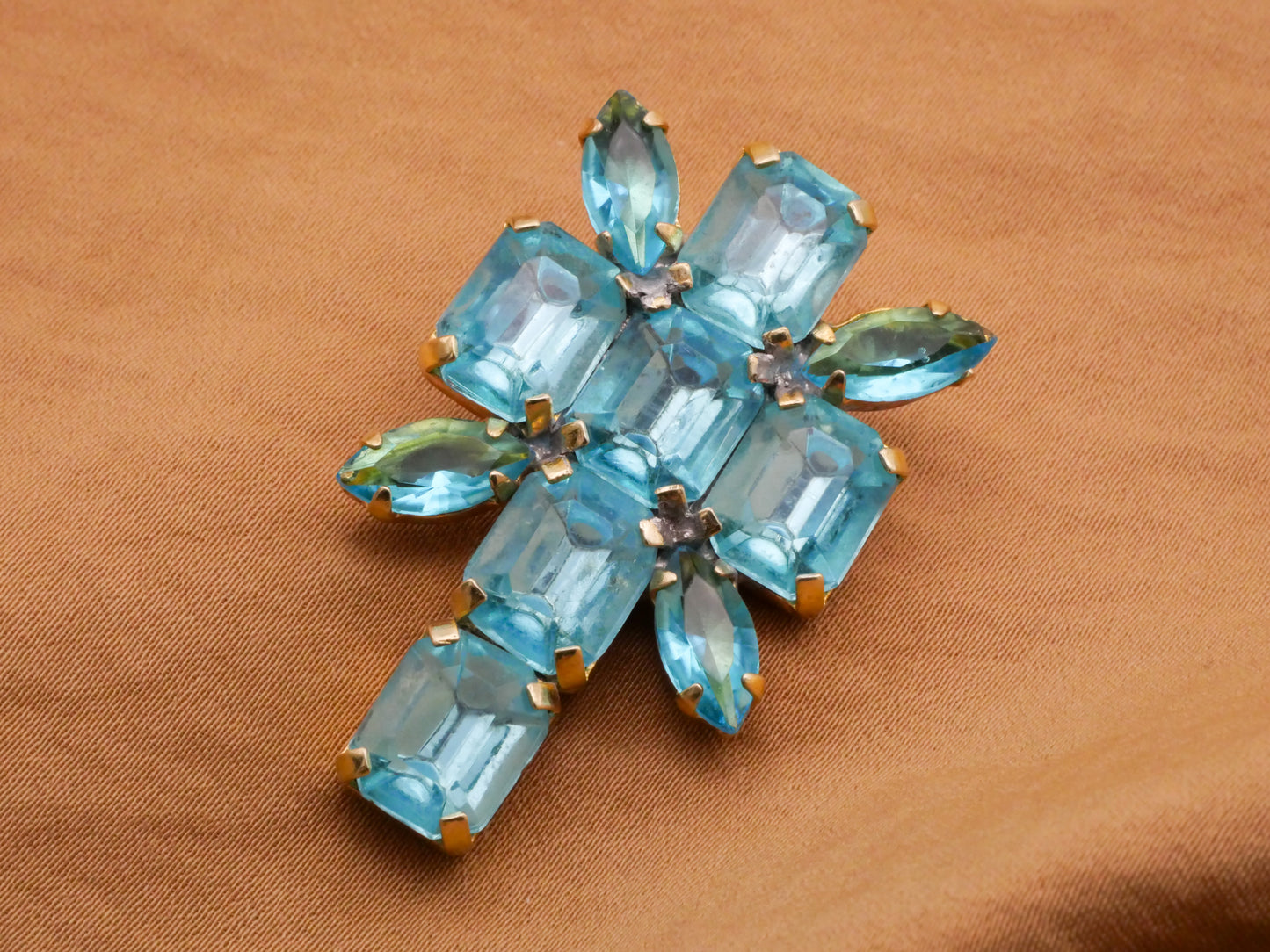 Cross Czech Rhinestone Aquamarine Glass Metal Button 25x41mm