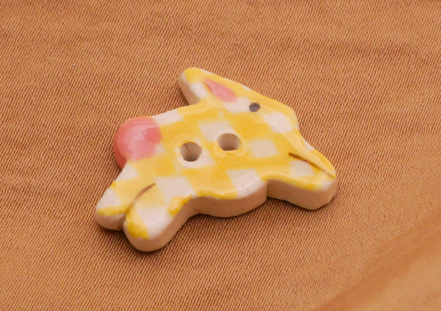 Bunny Rabbit Jumping Yellow Pink Ceramic Sew-Thru Button 18x24mm