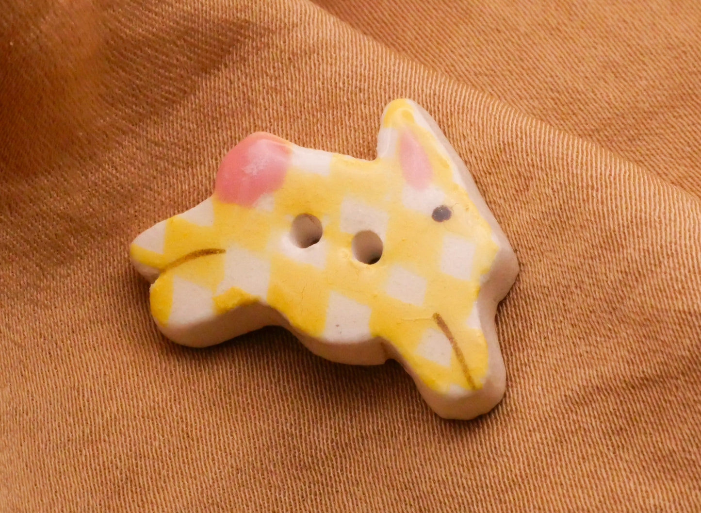 Bunny Rabbit Jumping Yellow Pink Ceramic Sew-Thru Button 18x24mm