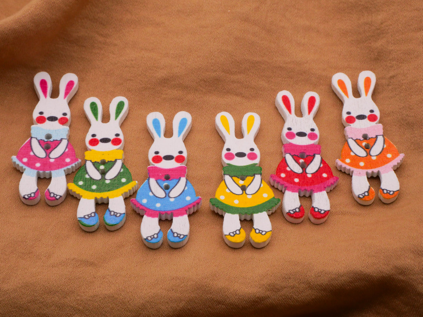 Bunny Rabbit Shy Girl Dress Wood Multi-Color Sew-Thru Buttons Various 17x40mm