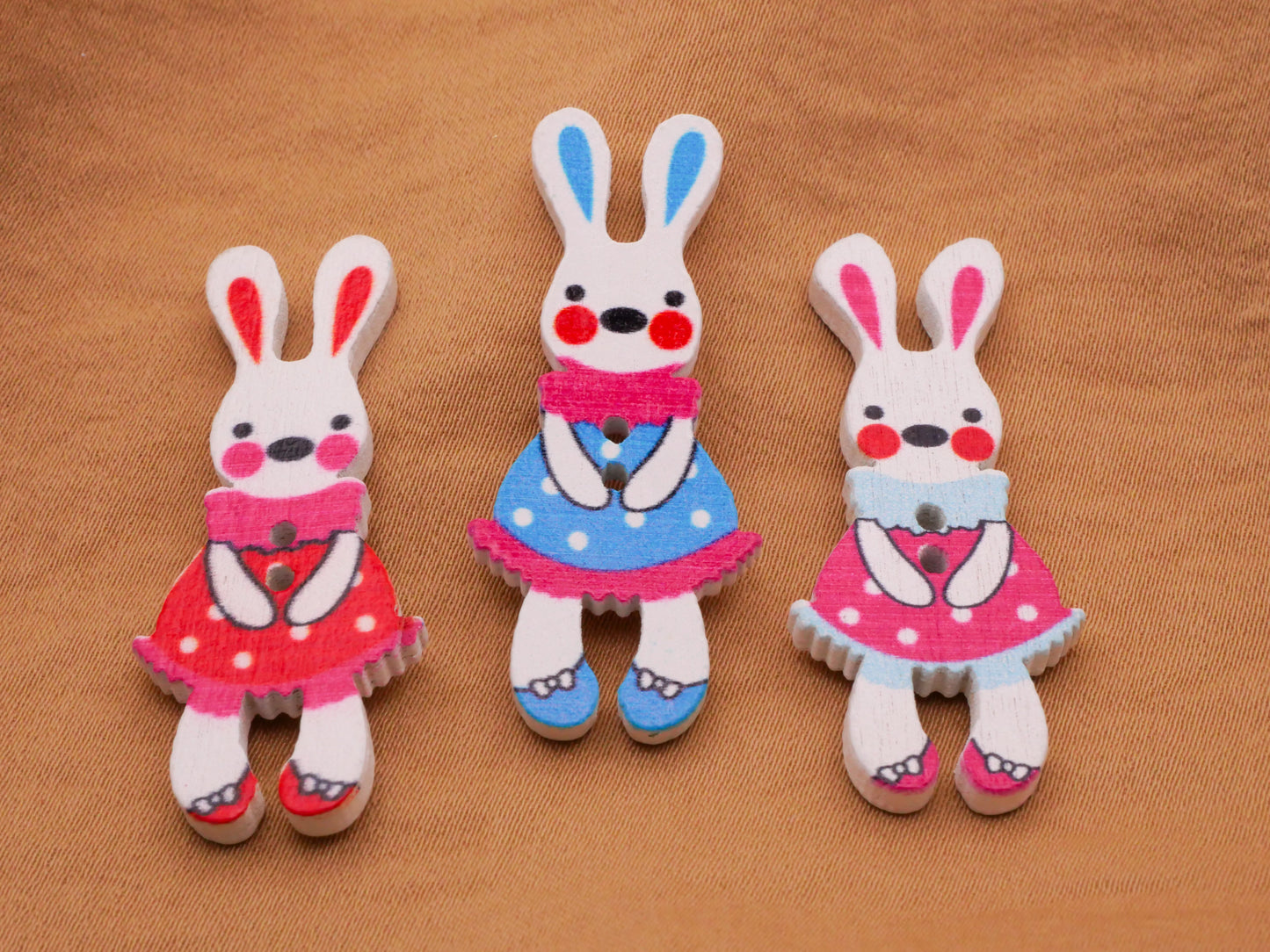 Bunny Rabbit Shy Girl Dress Wood Multi-Color Sew-Thru Buttons Various 17x40mm