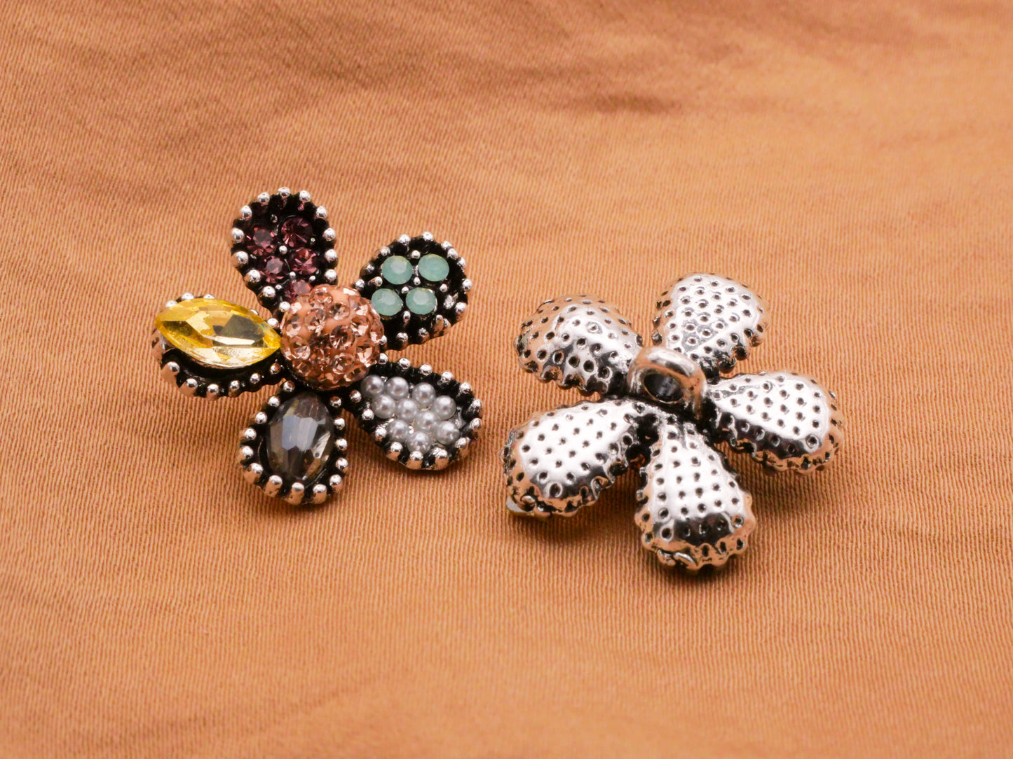 Patchwork Flower Rhinestone Pave Pearl Metal Button 21mm