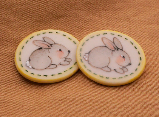 Bunny Rabbit Hand-Painted Yellow Green Stitch Edge Porcelain Button 18x22mm