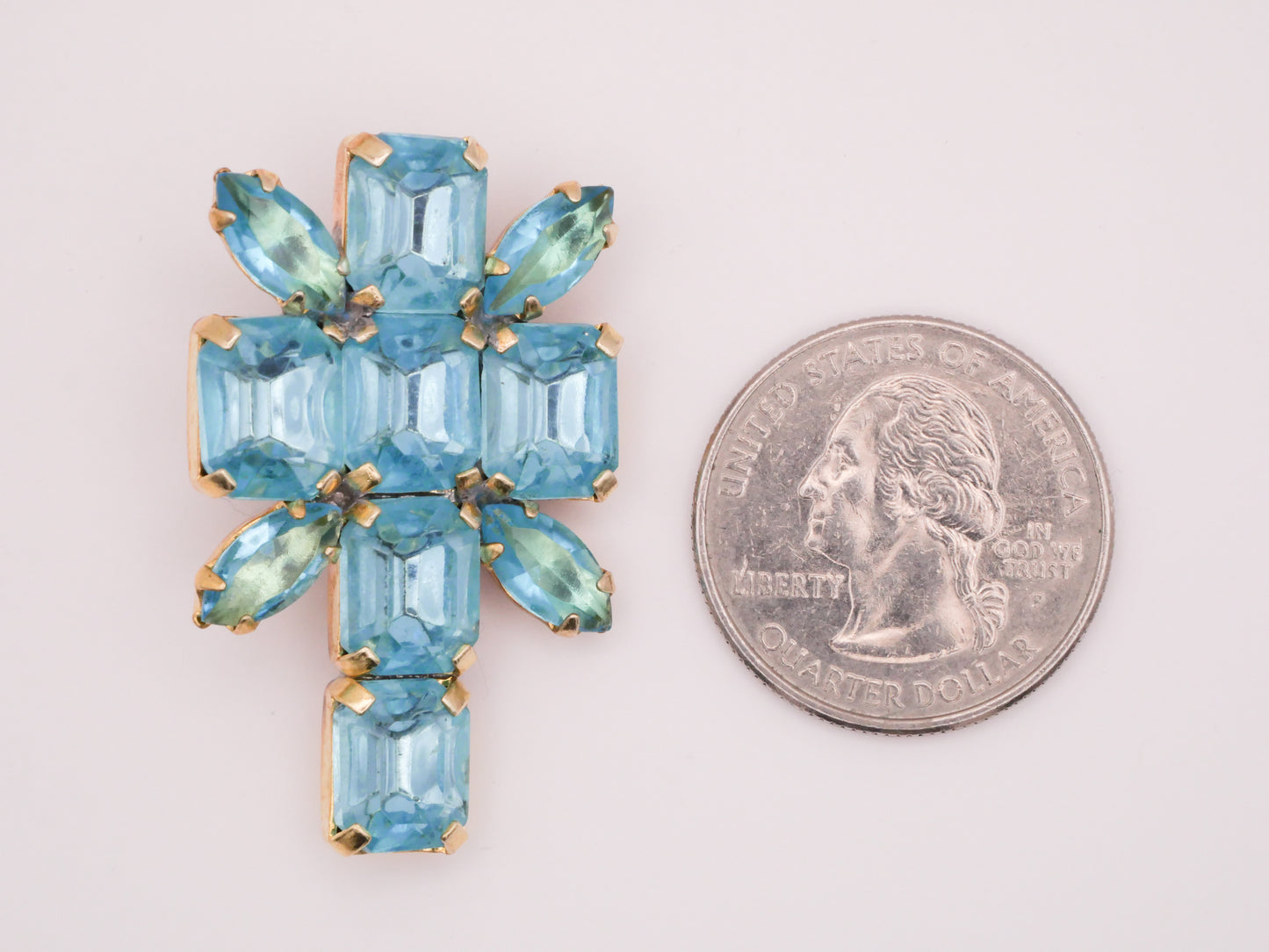 Cross Czech Rhinestone Aquamarine Glass Metal Button 25x41mm