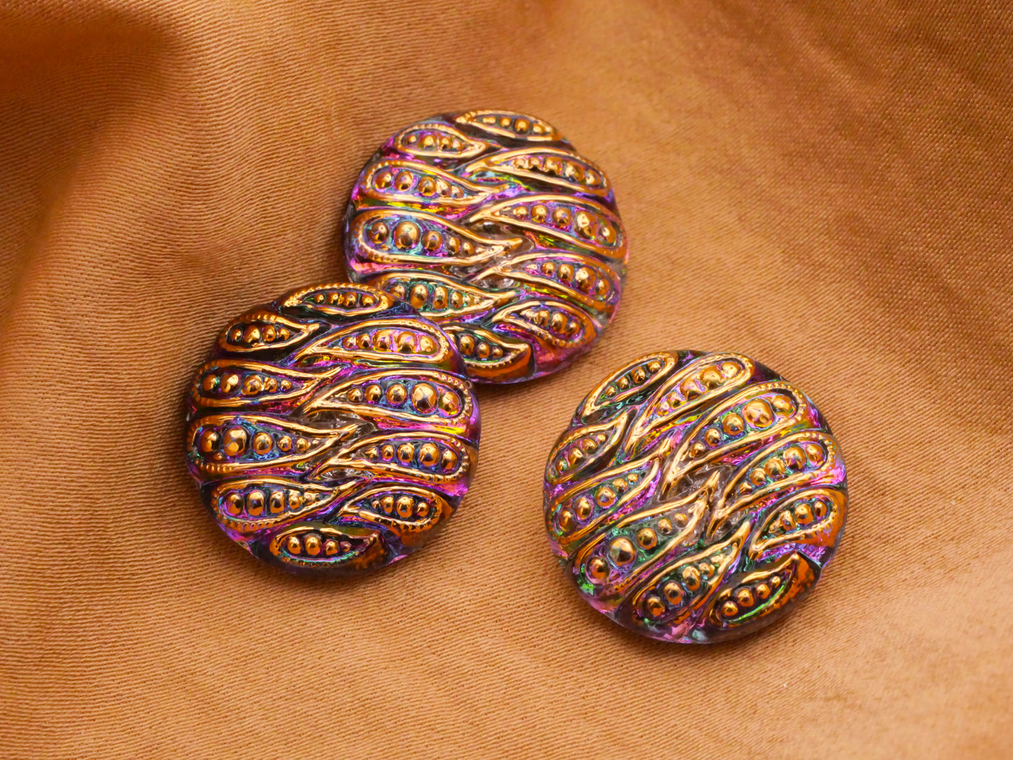 Paisley Czech Iridescent Purple Green Gold Glass Button 18mm