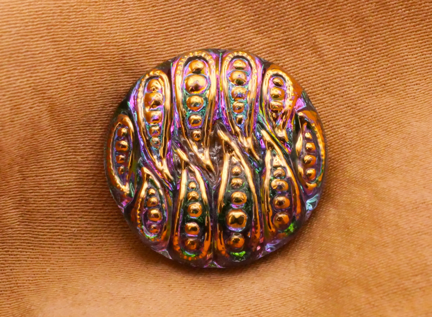 Paisley Czech Iridescent Purple Green Gold Glass Button 18mm