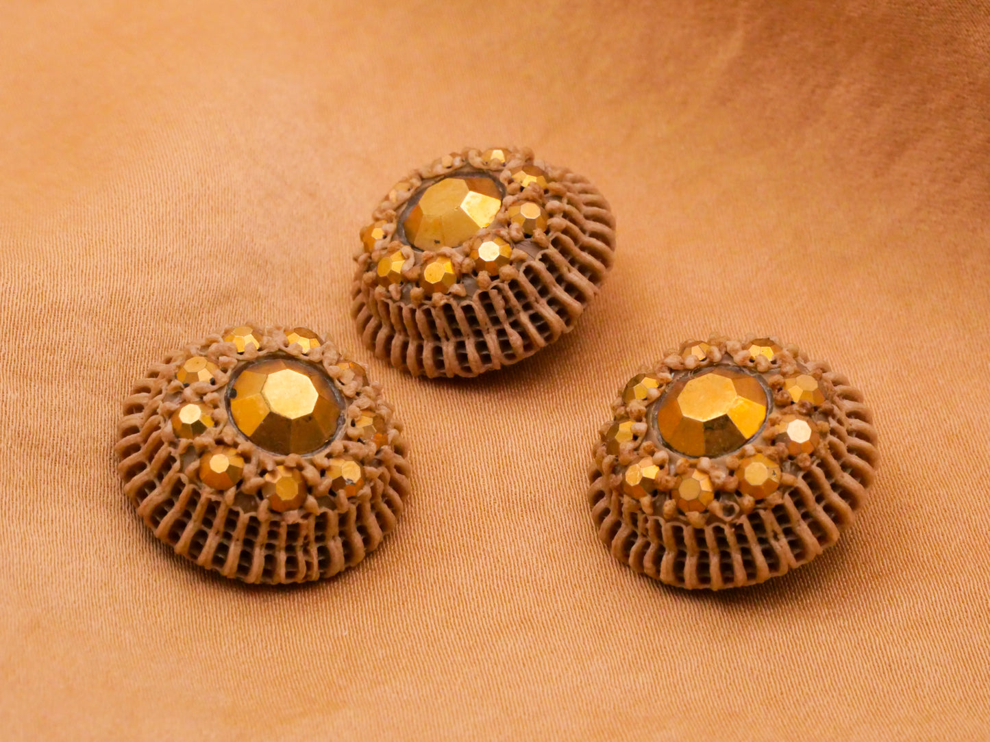 Couture Gold Rhinestone Hot Needle Sculpted Tan Early Plastic Button 20mm