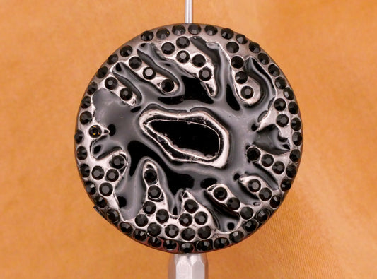 Amoeba Rhinestone Pave Black Enamel Metal Button 28mm