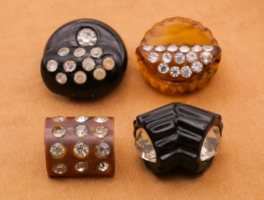 Celluloid Rhinestone Black Amber Early Plastic Button Various 12-18mm