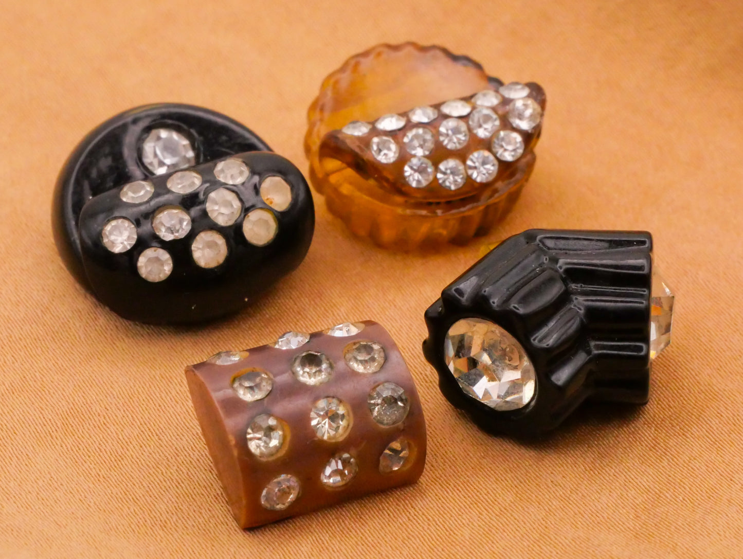 Celluloid Rhinestone Black Amber Early Plastic Button Various 12-18mm