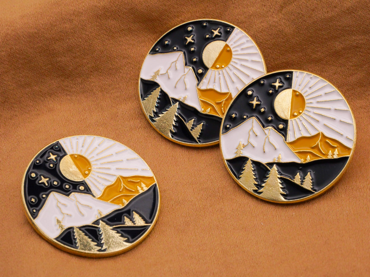 Sun Moon Mountains Black White Enamel Gold Metal Button 26mm