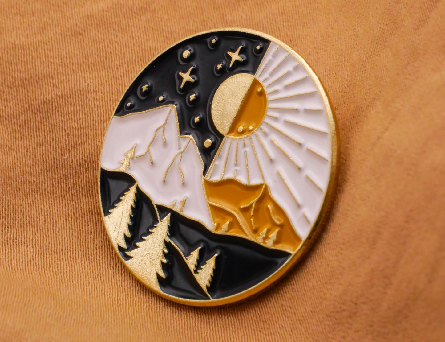 Sun Moon Mountains Black White Enamel Gold Metal Button 26mm