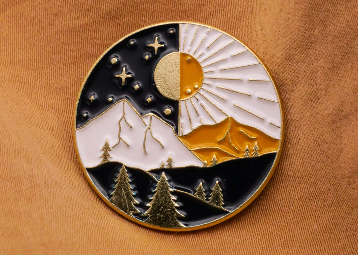 Sun Moon Mountains Black White Enamel Gold Metal Button 26mm