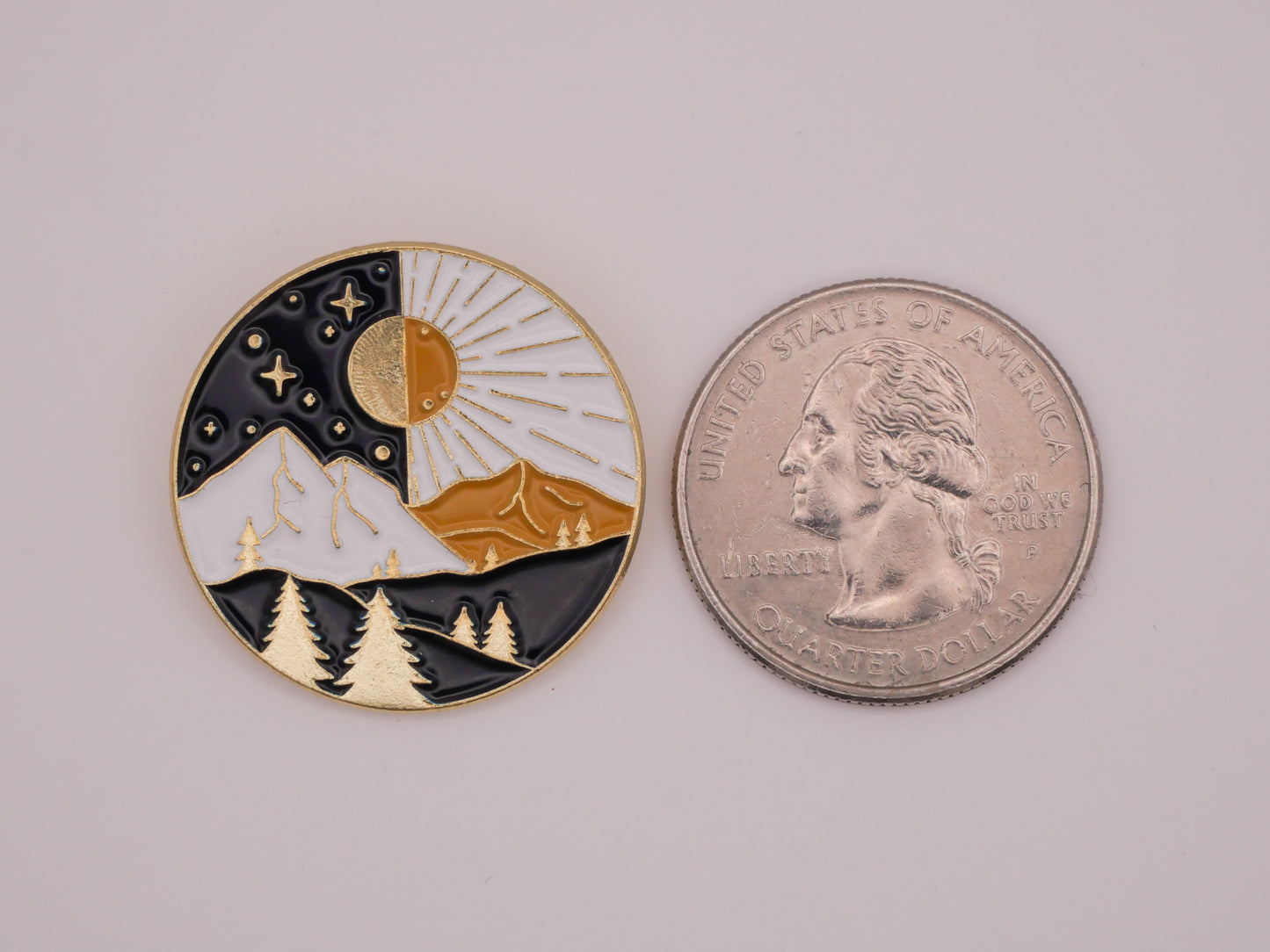 Sun Moon Mountains Black White Enamel Gold Metal Button 26mm