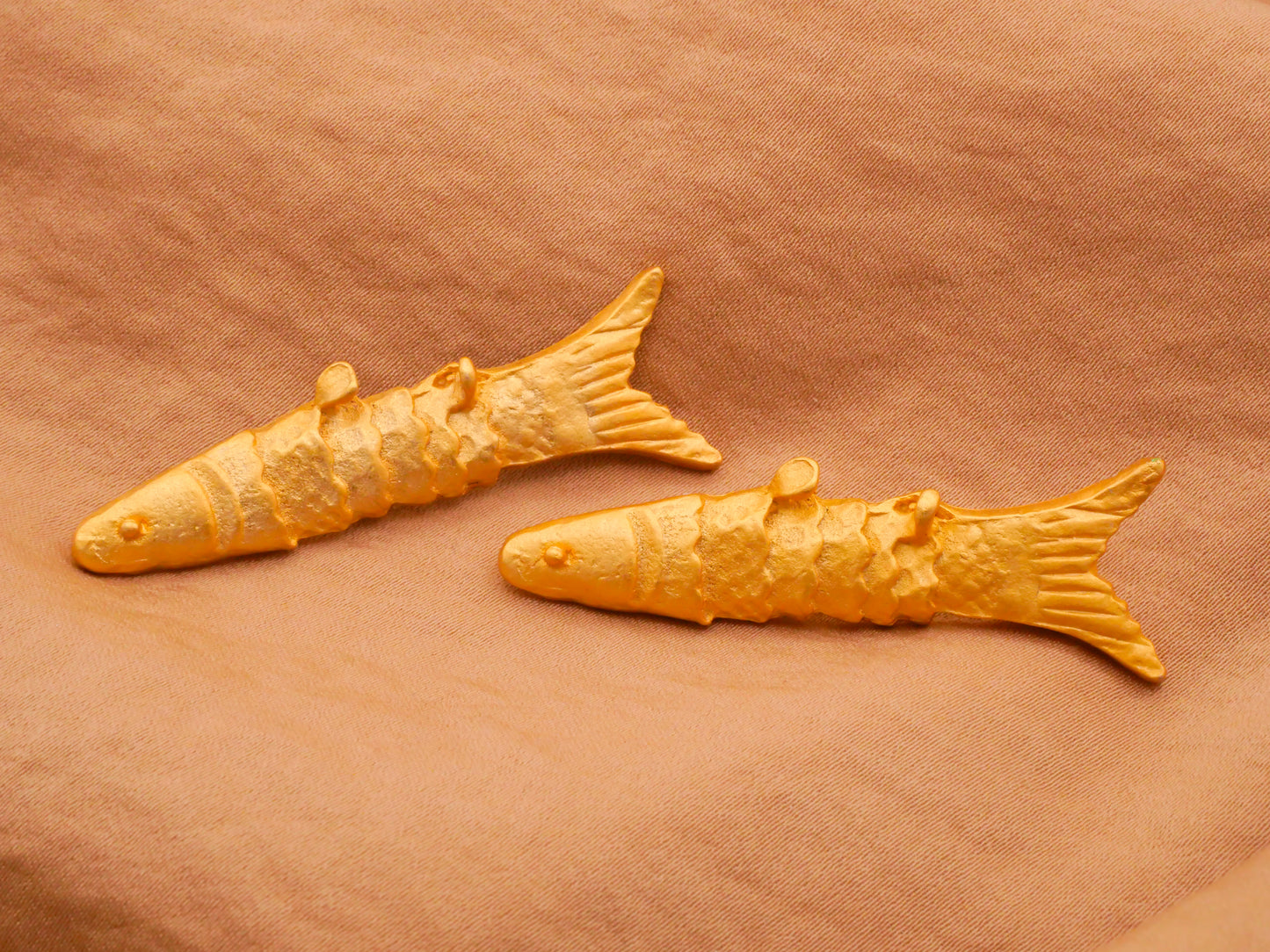 Long Fish Gold Brass Metal Large Vintage Button 16x49mm