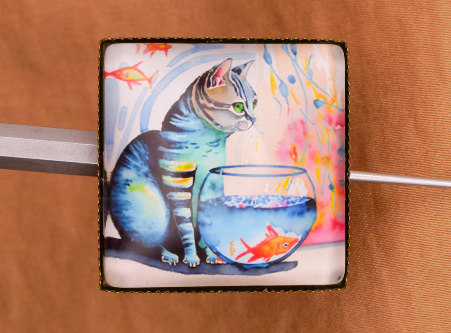 Kitty Cat Goldfish Fish Bowl Watercolor Look Glass Metal Square Button 26mm