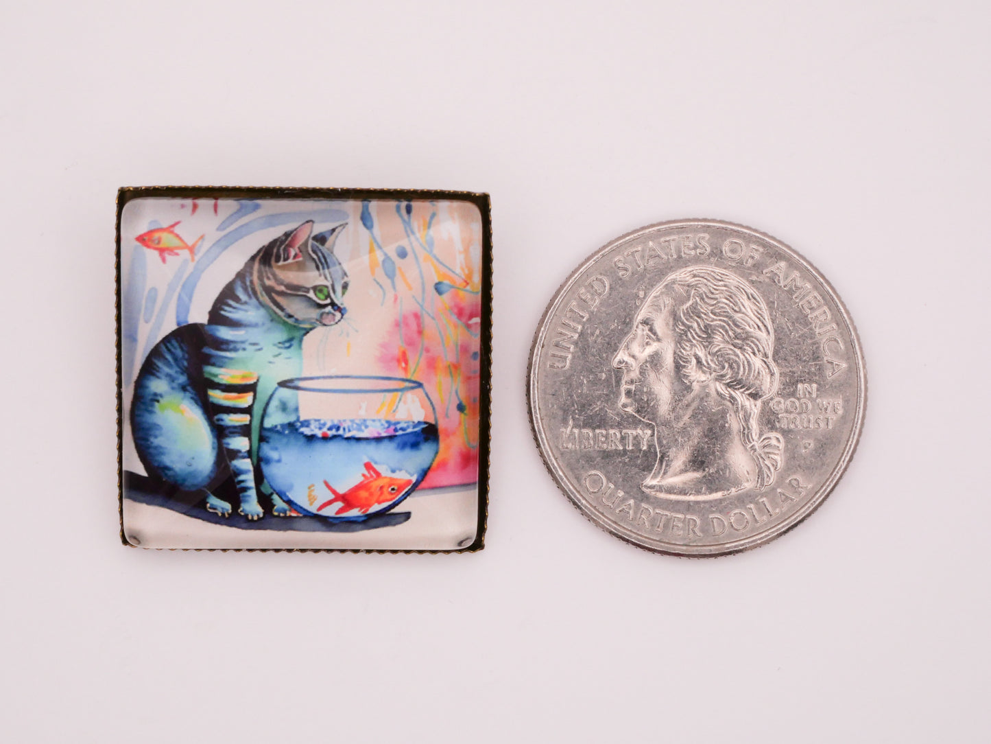 Kitty Cat Goldfish Fish Bowl Watercolor Look Glass Metal Square Button 26mm