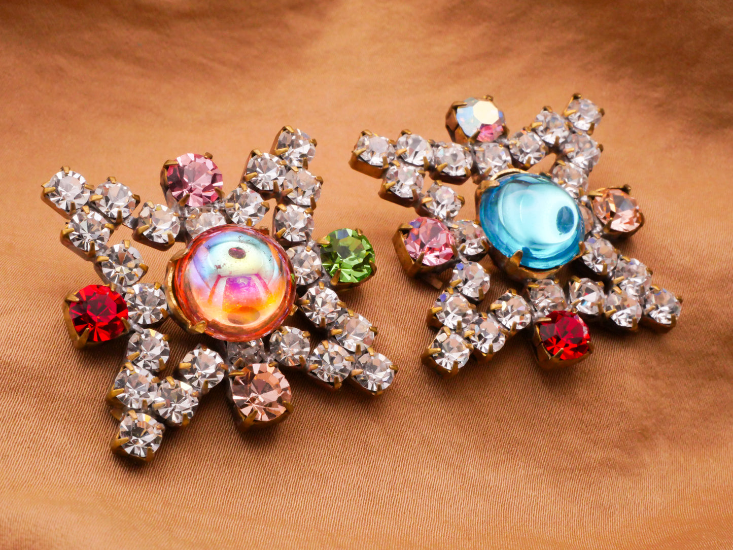 Czech Rhinestone Star Peachy Pink Aqua Dome Center Vintage Metal Button Various 32x34mm