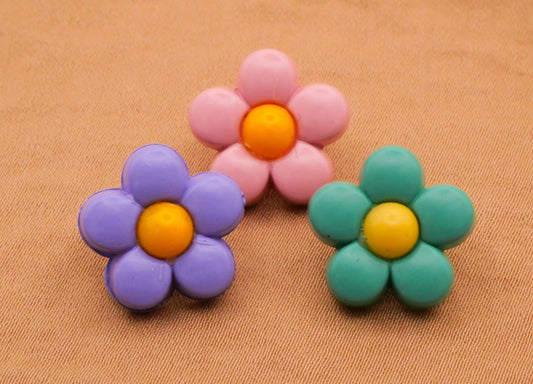 Flower Trio Purple Pink Teal Set of Three Plastic Buttons 15mm