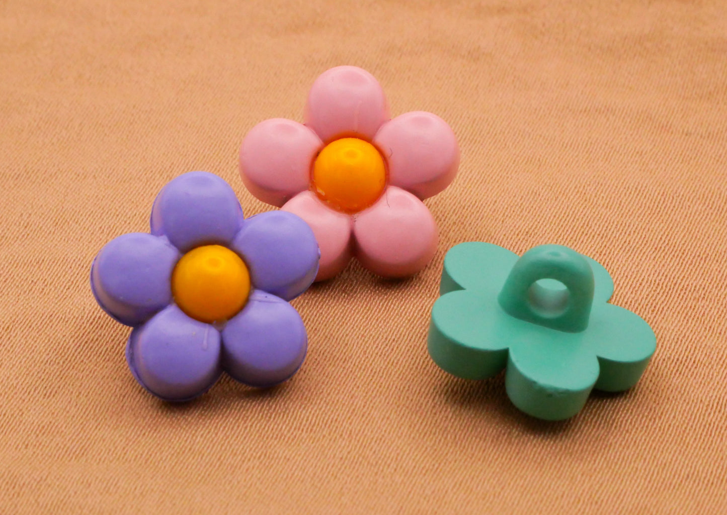 Flower Trio Purple Pink Teal Set of Three Plastic Buttons 15mm