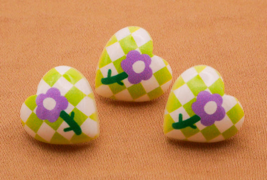 Heart Checkered Flower Daisy Lime Green Purple Plastic Set of Three Buttons 13x14mm