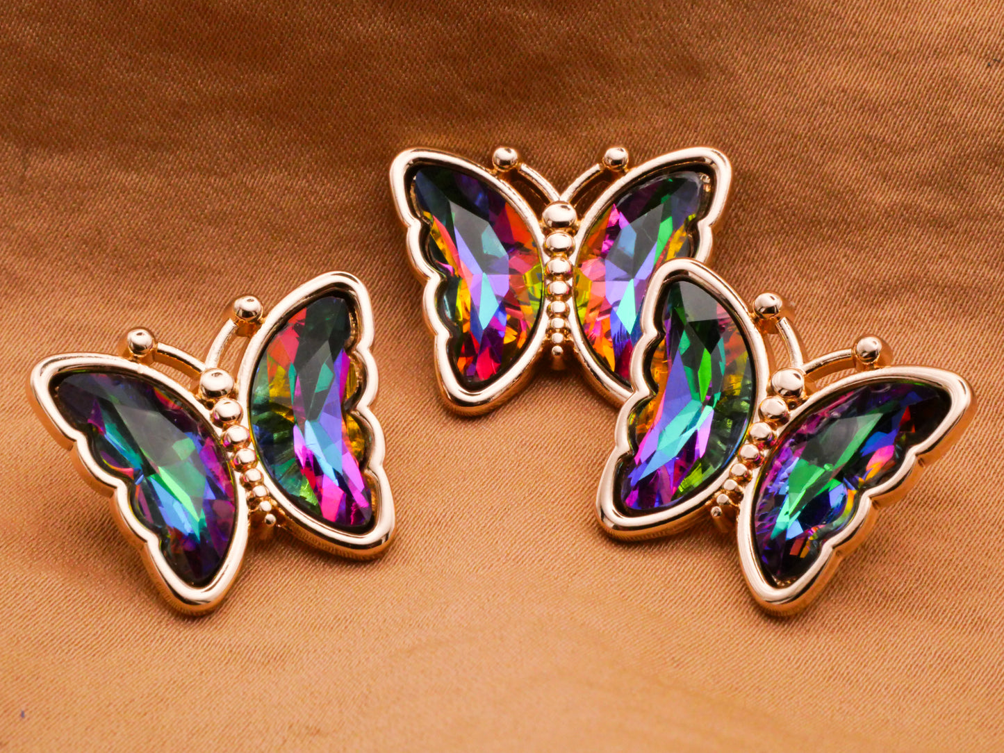 Butterfly Iridescent Glass Pink Green Blue Gold Metal Button 19x23mm