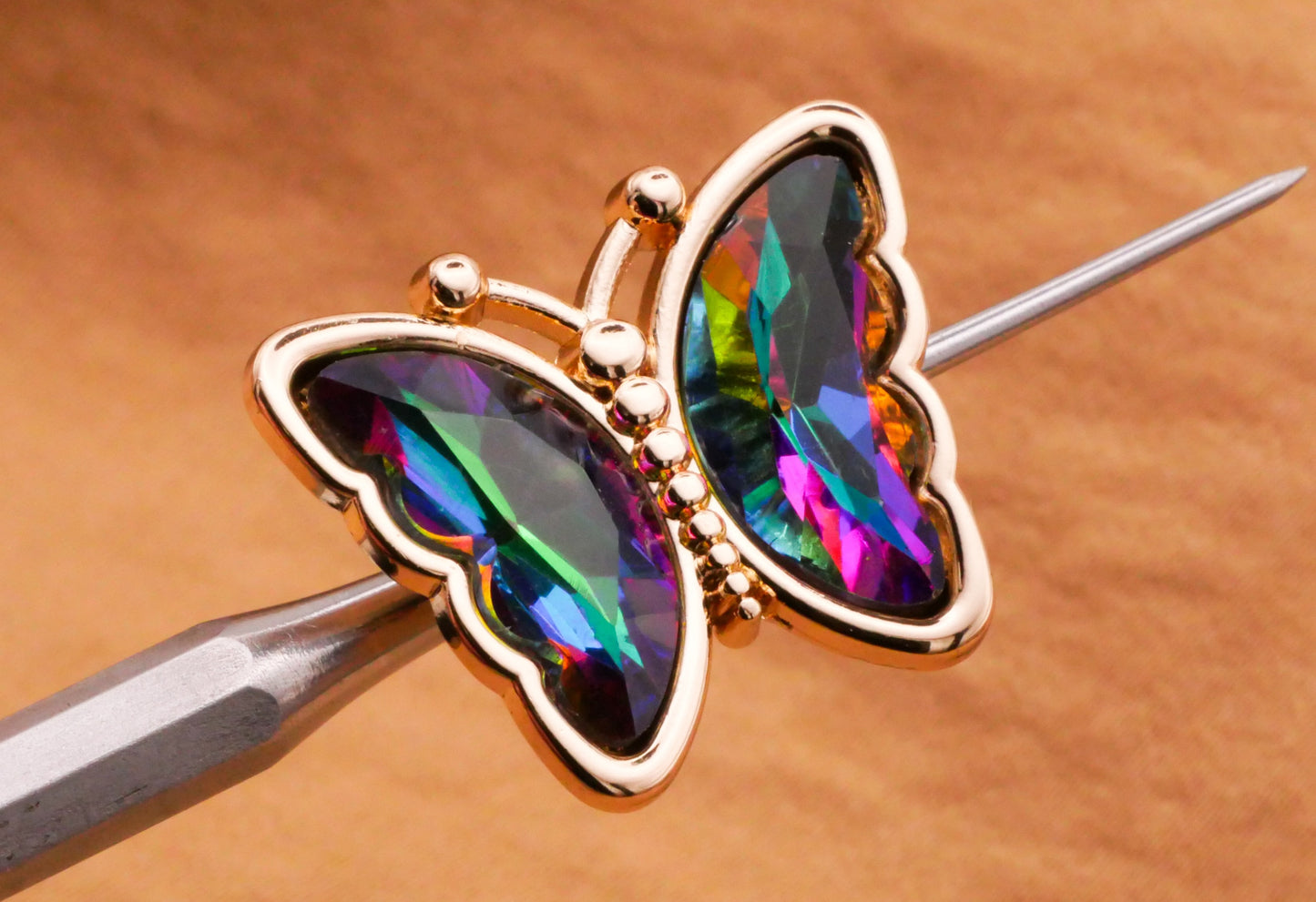 Butterfly Iridescent Glass Pink Green Blue Gold Metal Button 19x23mm