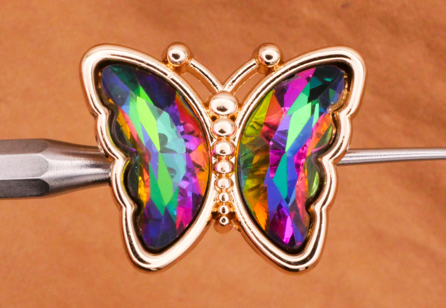 Butterfly Iridescent Glass Pink Green Blue Gold Metal Button 19x23mm