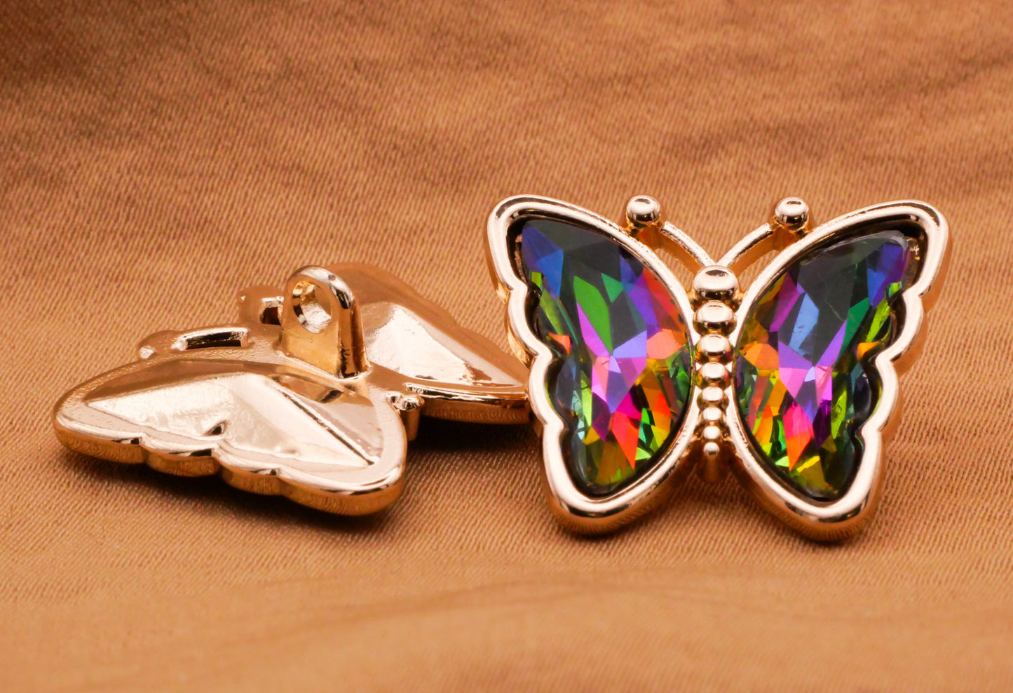 Butterfly Iridescent Glass Pink Green Blue Gold Metal Button 19x23mm