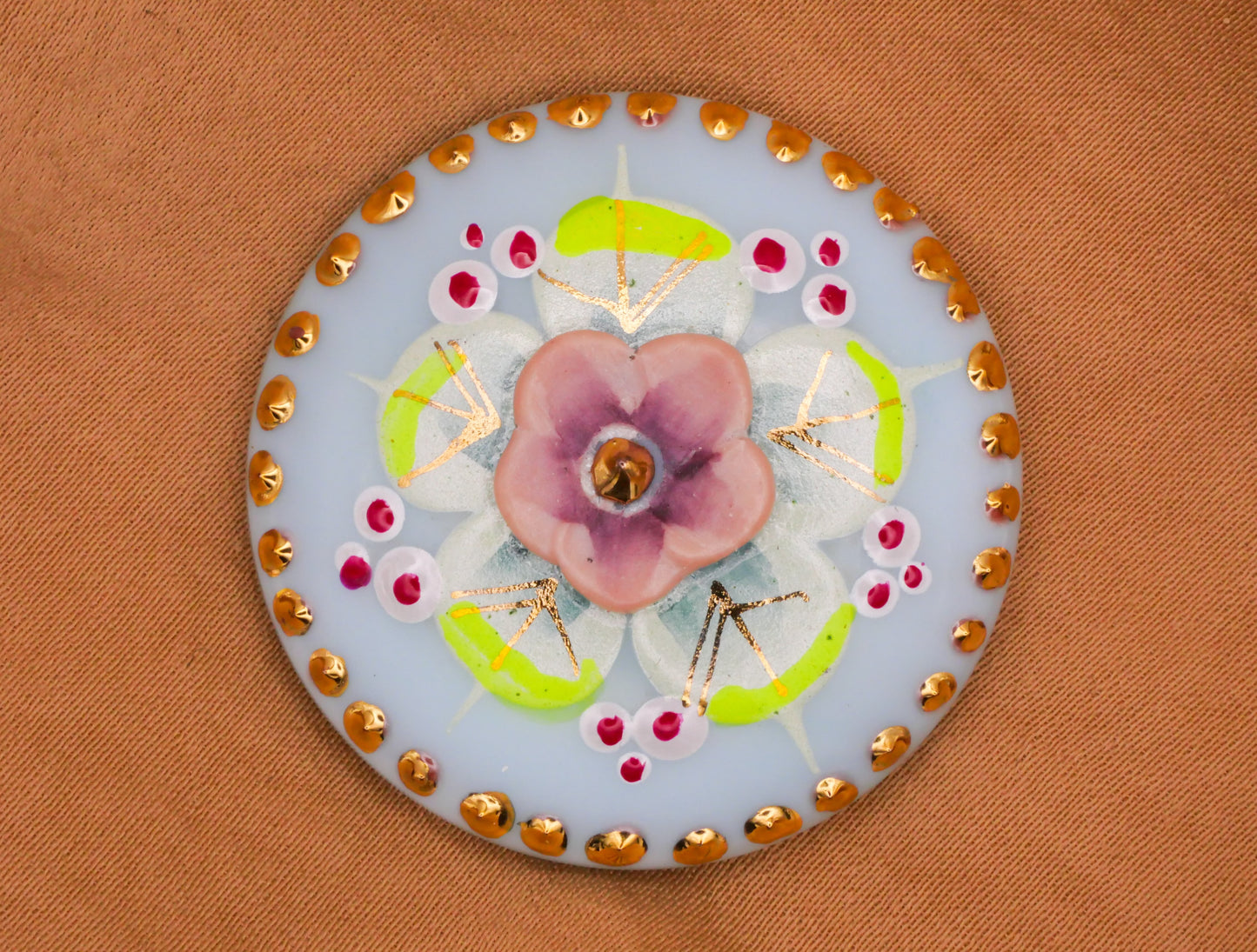 Hand-Painted Flower Czech Pale Blue Glass Pink Green Red Gold Button 36mm