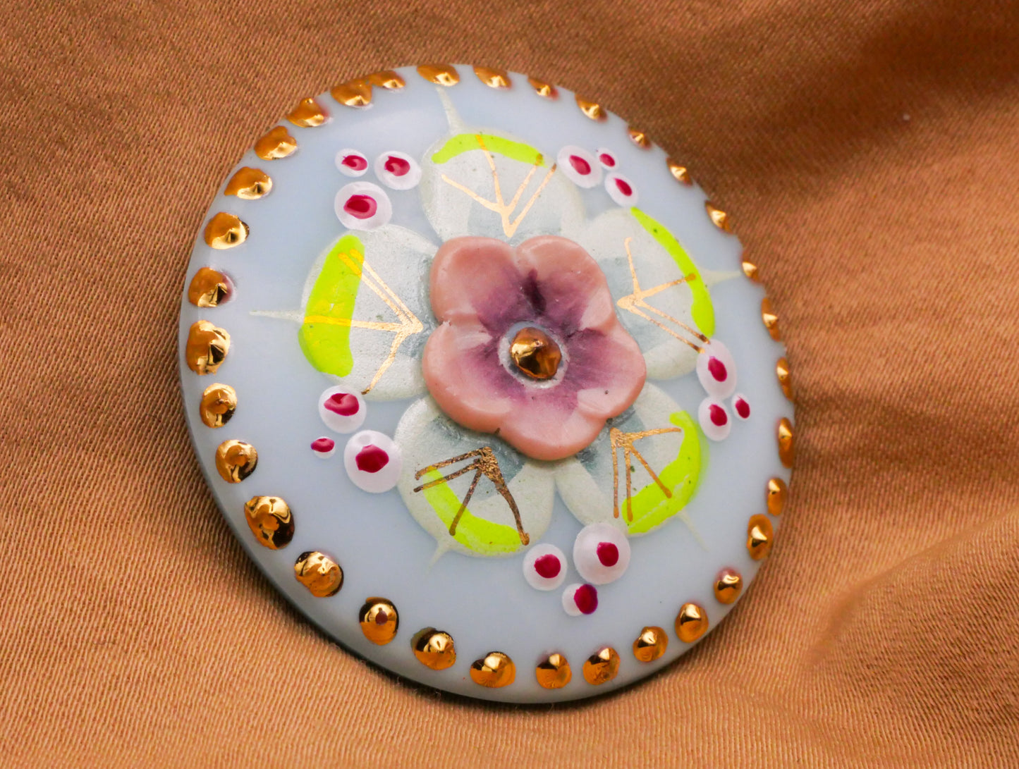 Hand-Painted Flower Czech Pale Blue Glass Pink Green Red Gold Button 36mm