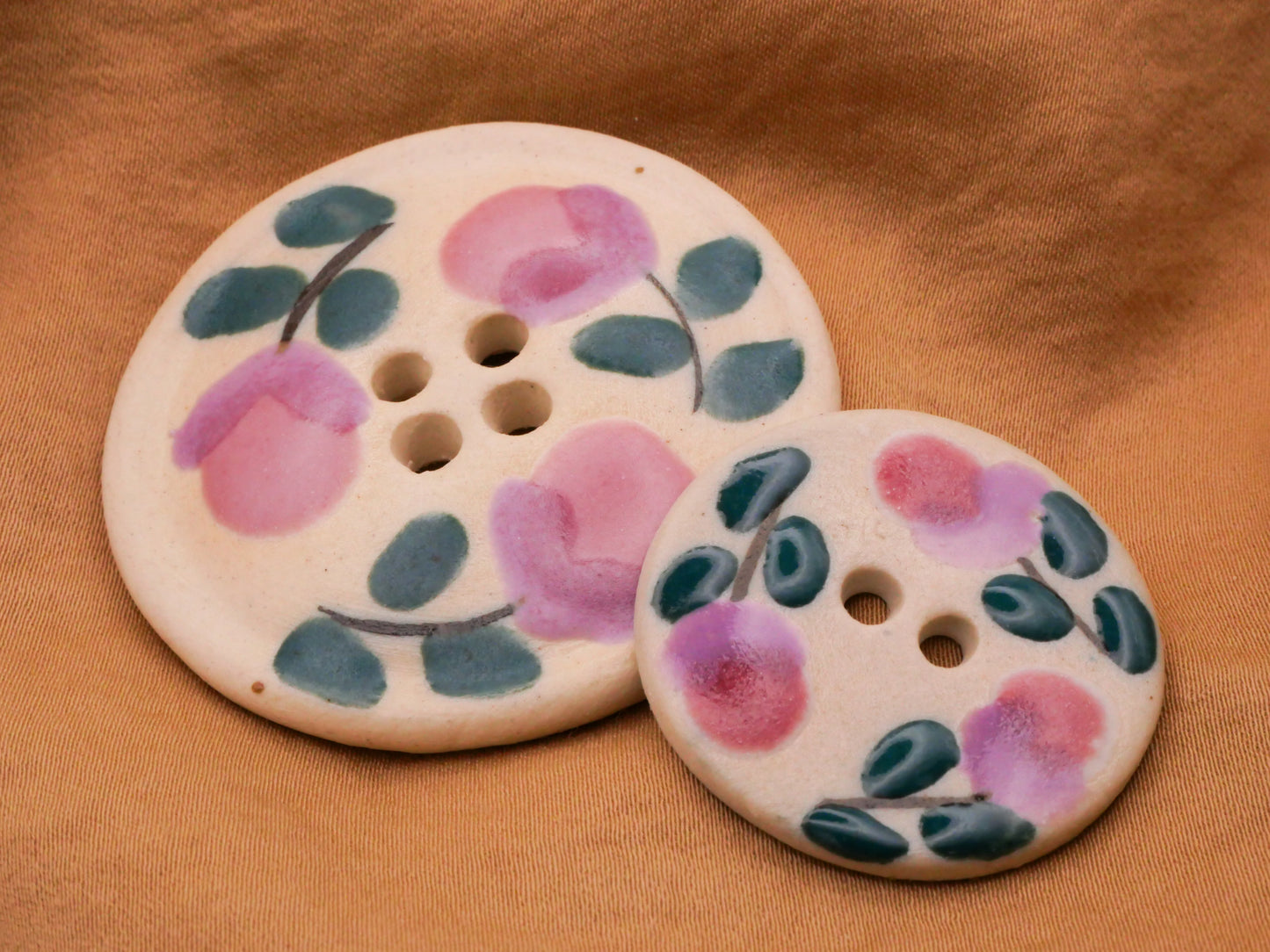 Hand-Painted Ceramic Flower Buds Pink Peacock Sew-Thru Button Various 30-45mm