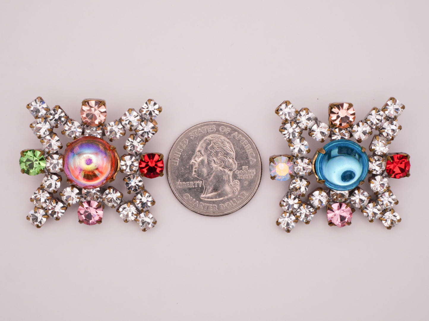 Czech Rhinestone Star Peachy Pink Aqua Dome Center Vintage Metal Button Various 32x34mm