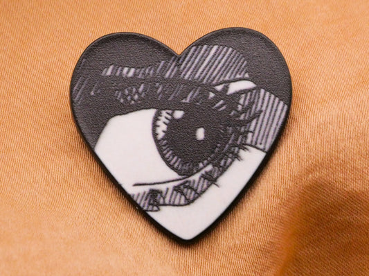 Eye Illustration Heart Black and White Metal Button 29x30mm