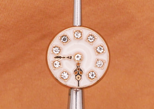 Clock Watch Face Rhinestone Ivory Enamel Gold Metal Button 11mm